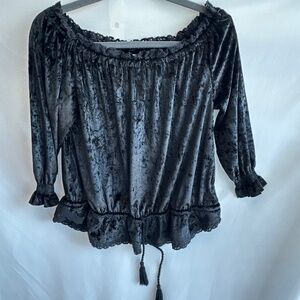 Witchy Goth Black Crushed Velvet Blouse Medium Off-Shoulder Top William Rast 90s